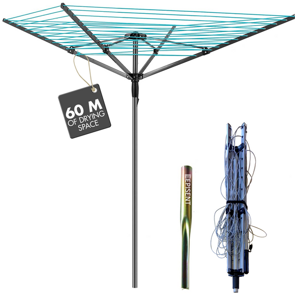 EPISENT 60m Rotary Airer with Ground Metal Spike | Heavy Duty 4 Arm Outdoor Clothes Dryer | UV-Resistant, Non-Slip Lining | Smooth Turns, Umbrella System