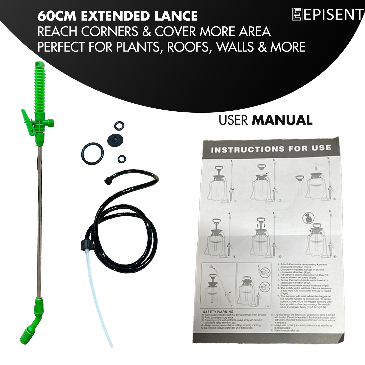 EPISENT Pressure Pump Sprayer  Garden Pressure Sprayer with Adjustable Mist & Jet Nozzle, Carry Strap, 60cm Long Lance, Leakproof Tank – Pump Action Sprayer for Weed Killer, Roof & Patio Cleaning