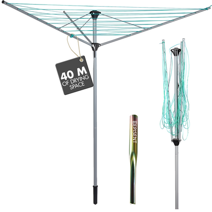 EPISENT 40m Rotary Airer with Ground Metal Spike | Heavy Duty Outdoor Clothes Dryer | UV-Resistant, Non-Slip Lining | Smooth Turns, Umbrella System
