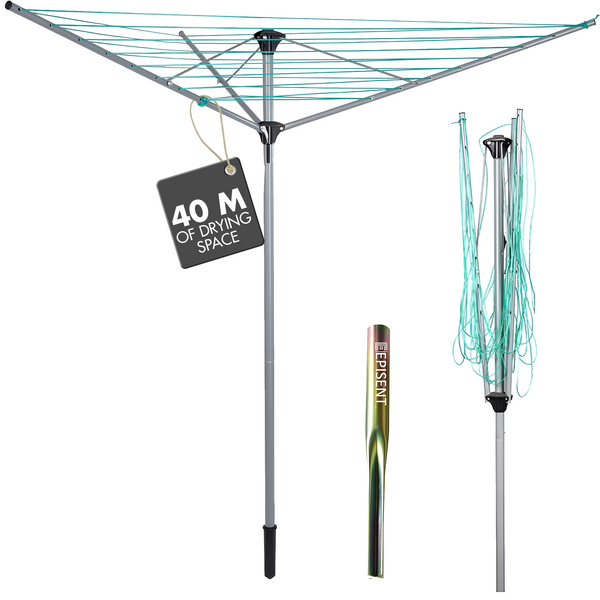 EPISENT 40m Rotary Airer with Ground Metal Spike | Heavy Duty Outdoor Clothes Dryer | UV-Resistant, Non-Slip Lining | Smooth Turns, Umbrella System