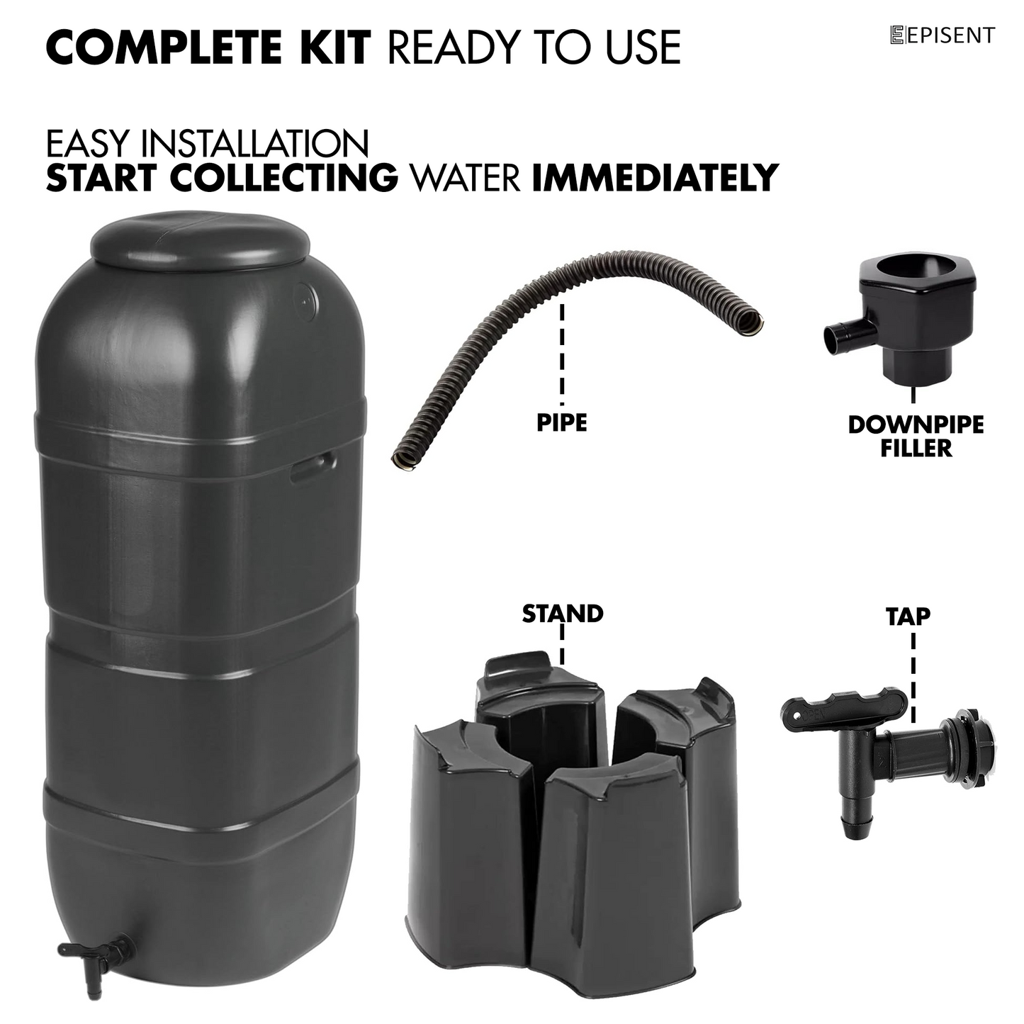 EPISENT 230L& 100L Water Butt - Garden Water Storage - Plastic Water Butt Set Including Tap, Stand, Lockable Lid, & Filler Kit - Ideal for Any Garden - Eco Friendly Water Storage Unit