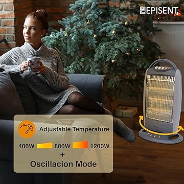 EPISENT Quartz Halogen Heater 3 Bar - Electric Heater with 400W/800W/1200W Heat Setting - Super Silent Overheat & Tip-Over Protected Room Heaters - Carry Handle - Ideal for Home, Office, & Garages - Hover