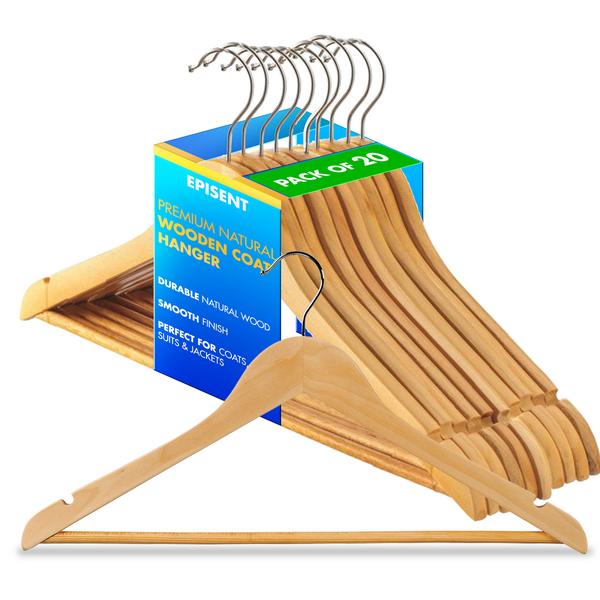 Episent Wooden Hangers | Strong Natural Wood | Non-Slip Trouser Bar & Shoulder Notches | 360째 Swivel Hook | Durable Wardrobe Space Saver | Suitable for Coat, Jacket, Suit, Jumper and More.