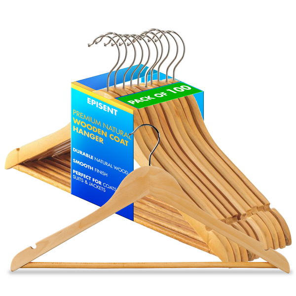 Episent Wooden Hangers | Strong Natural Wood | Non-Slip Trouser Bar & Shoulder Notches | 360째 Swivel Hook | Durable Wardrobe Space Saver | Suitable for Coat, Jacket, Suit, Jumper and More. - Hover